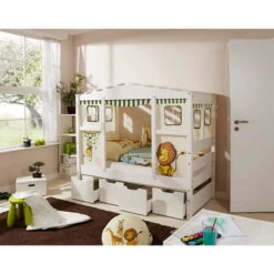 Ticaa Hausbett MINI Safari Kiefer Inkl Schubkästen Weiß Massivholz - Dessin: Safari - 80 X 160 Cm