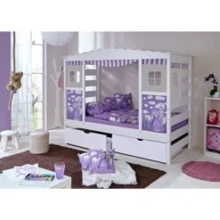 Ticaa Hausbett Horse Lila Kiefer Weiß Schubkästen Massivholz - Dessin: Horse Lila