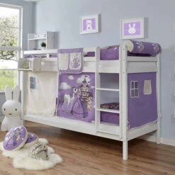 Ticaa Rene Etagenbett Buche Weiß A1 Massivholz - Vorhang-Dessin Wählbar