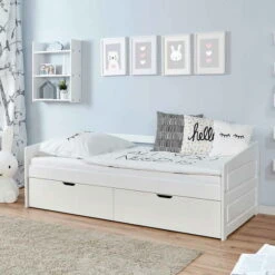Ticaa Sofabett MINI Micki Buche 2er Schubkästen Weiß Massivholz - 80x160 Cm - Inkl. Matratze