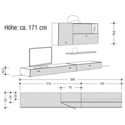 Now! No.14 By Hülsta Kombination 14 171x350x52 Kernnussbaum/Lack-weiß/Lack-Hochglanz-weiß -Babyartikelgeschäft 980016 strichzeichnung