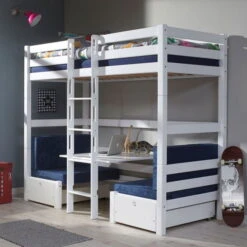 Relita FINLEY Etagenbett Buche Massiv Weiß Inkl. Sitzkissen & Bettschubkästen - Frachtfrei -Babyartikelgeschäft finley weiss sitz blau 1